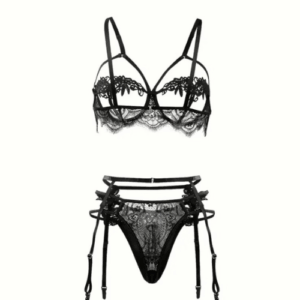 Black Lace Trim Bra, Panty, Garter belt and stockings 4 Piece